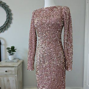 Open Back Pink Sequined Bodycon Long Sleeve Mini Dress - M